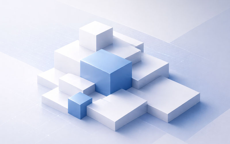 Abstract blue and white geometric blocks representing product development