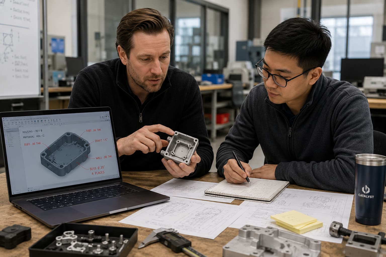 Product team reviewing a prototype and manufacturability notes at a worktable