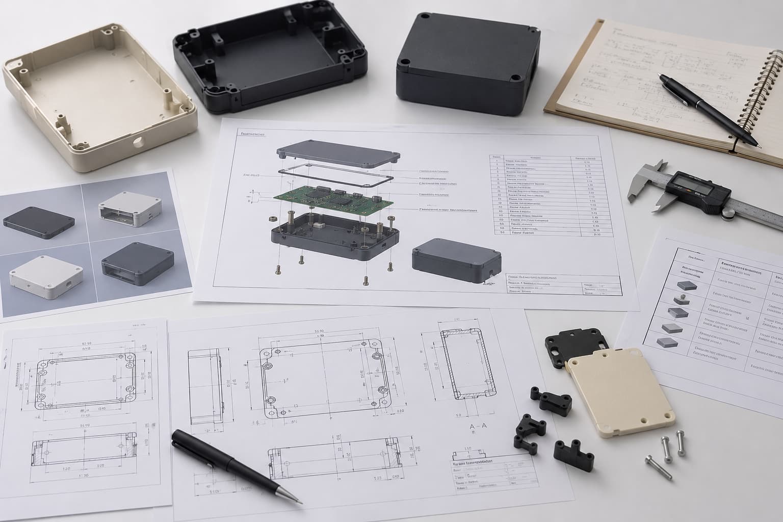 Prototype components and engineering drawings arranged for manufacturability review