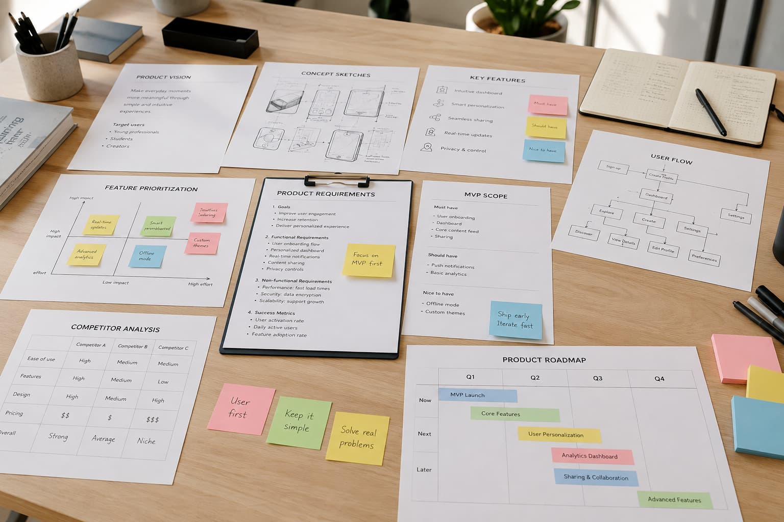 Product planning documents, concept sketches, and feature notes spread across a studio table