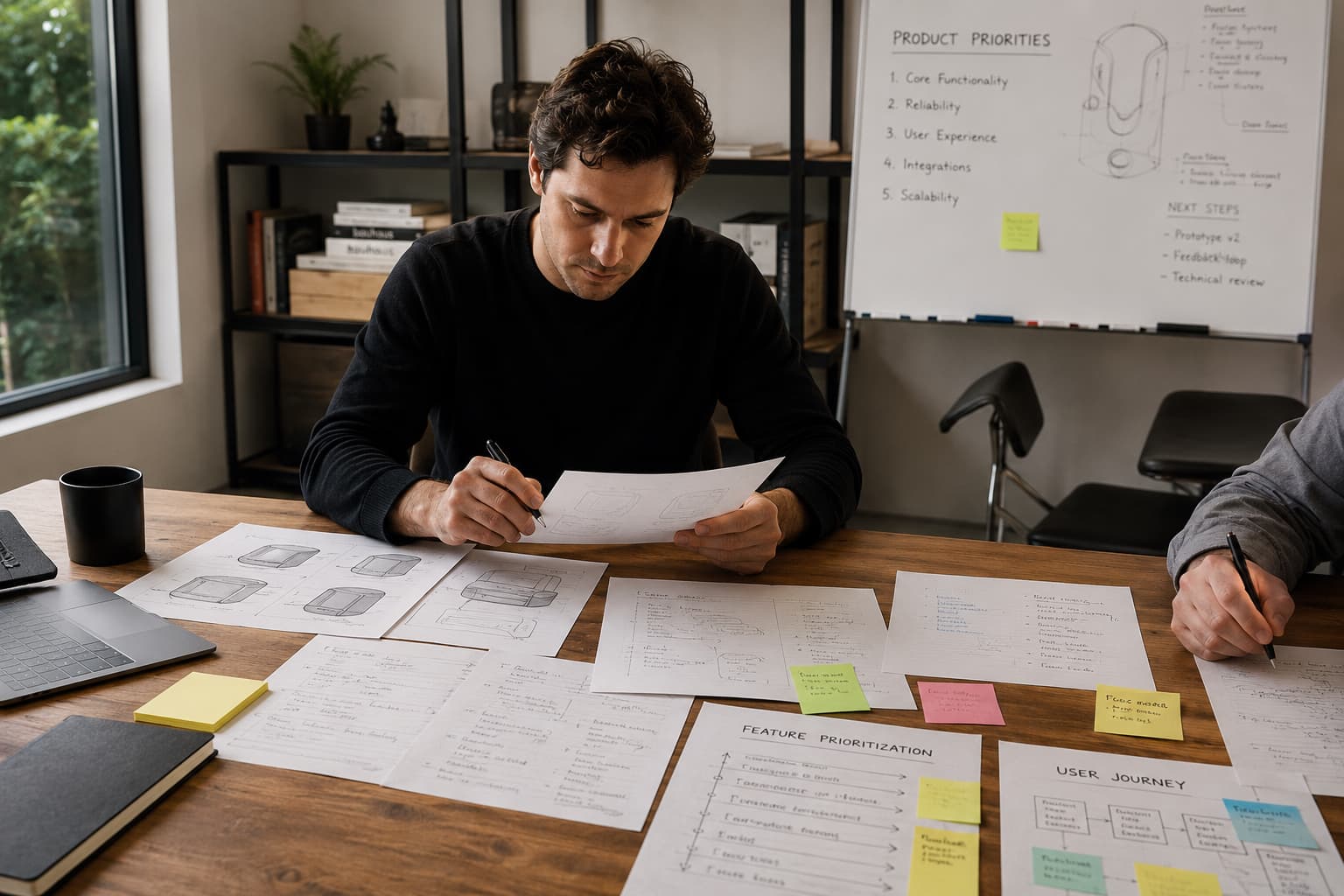 Founder and product teammate reviewing concept sketches, notes, and early product planning documents