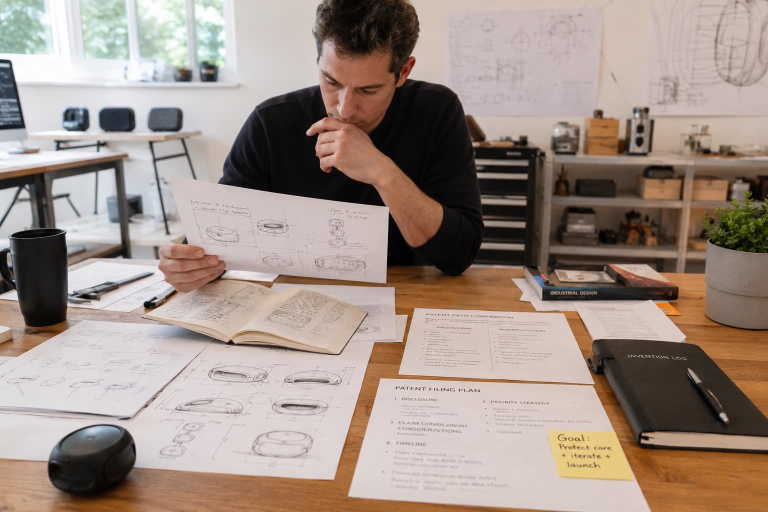 Founder reviewing product sketches and patent planning notes for a physical product