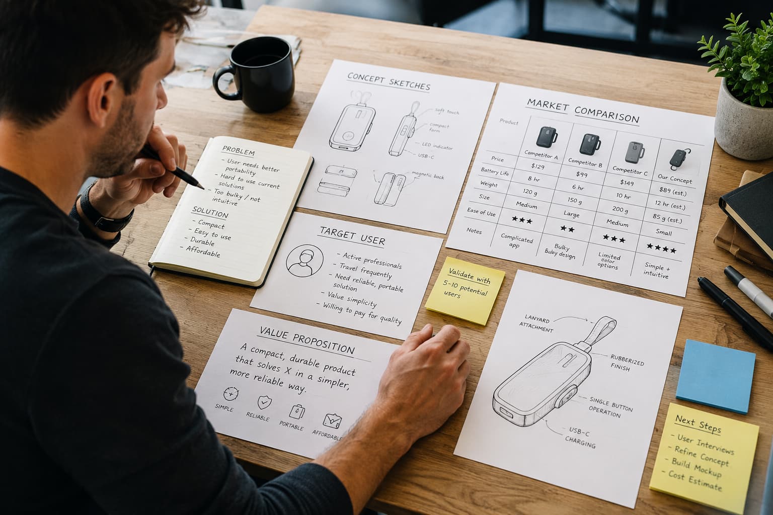 Founder reviewing product sketches, market notes, and an early prototype concept at a worktable