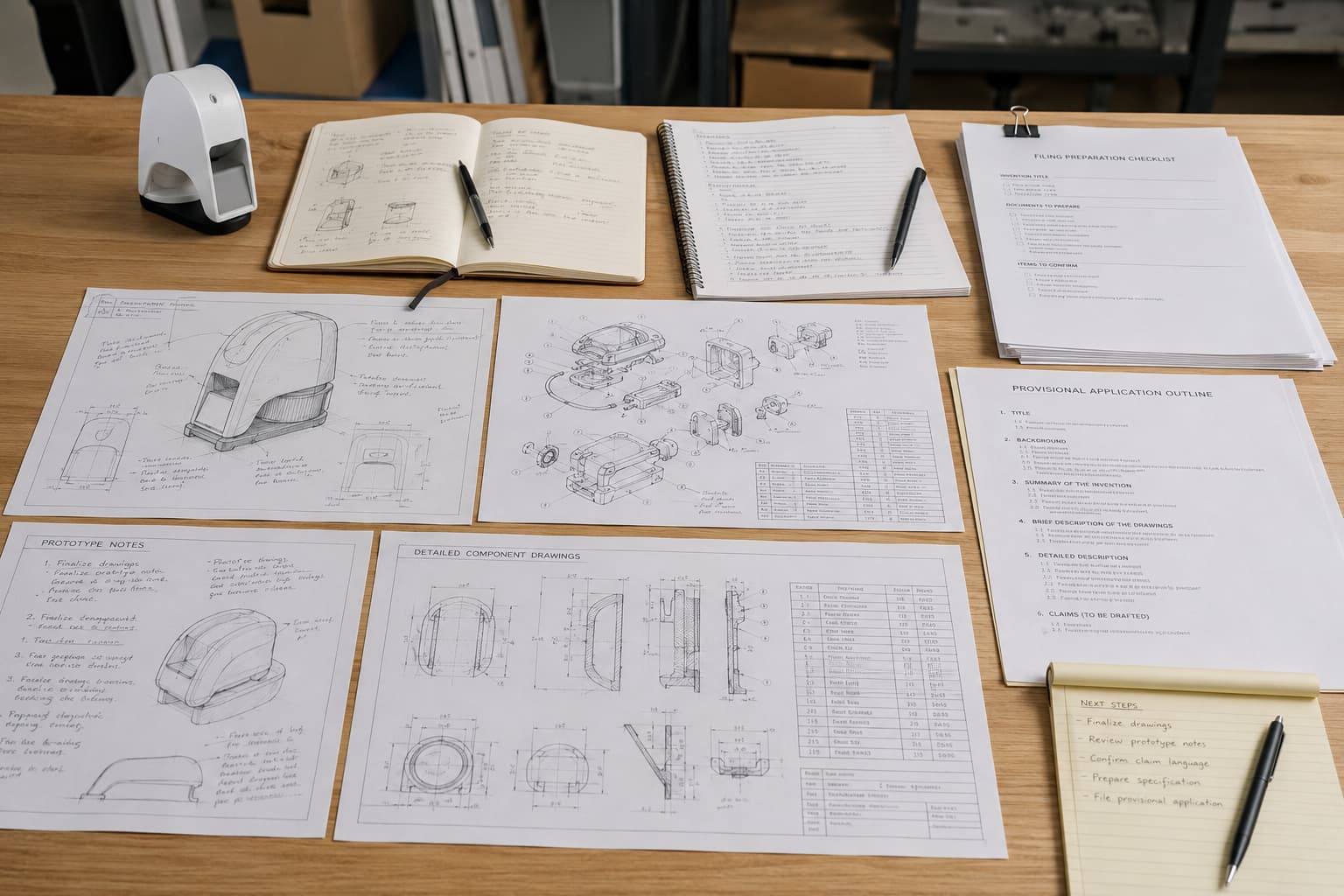 Product drawings, prototype notes, and application planning documents spread across a worktable