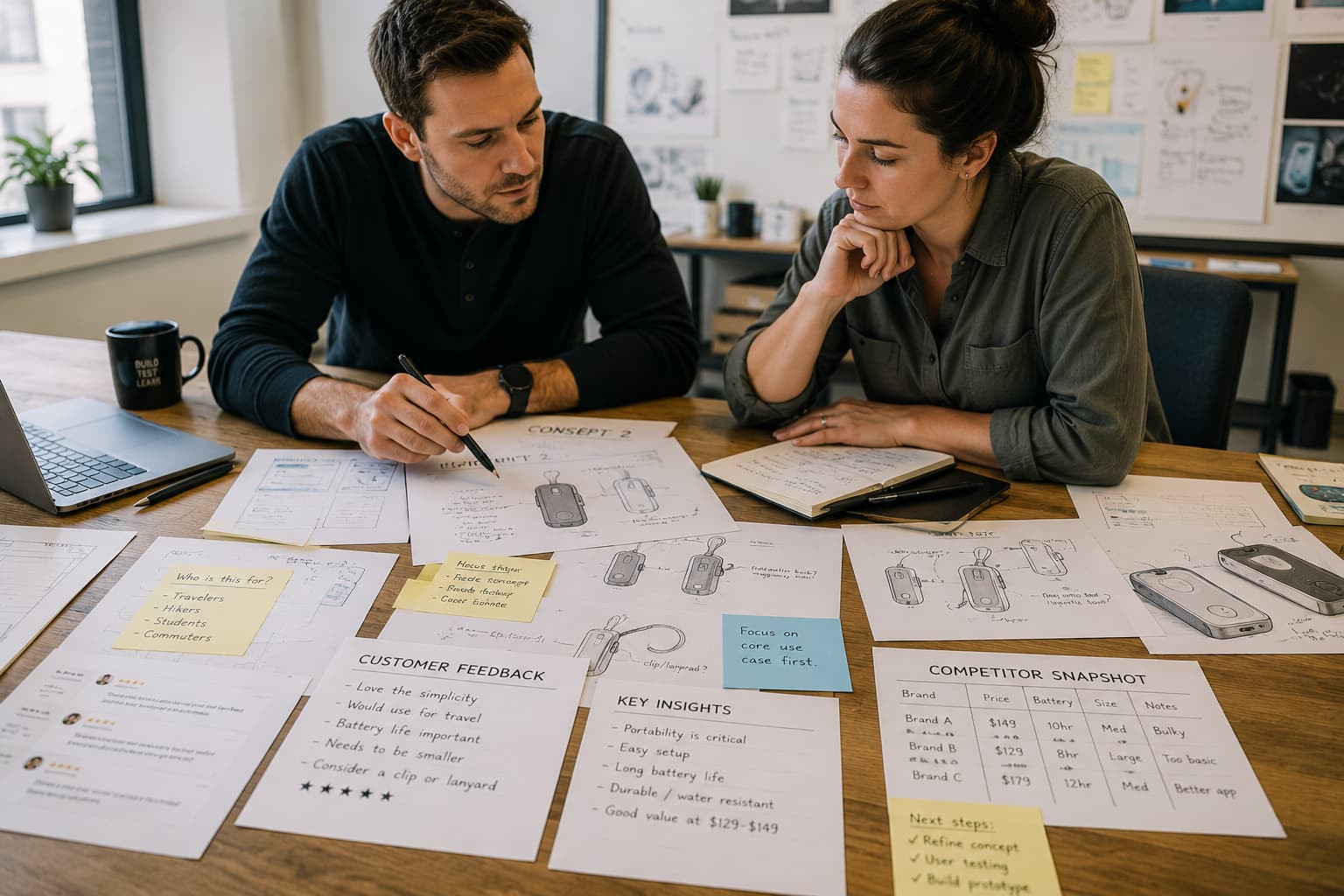 Founder and product teammate reviewing concept notes, sketches, and market feedback documents on a studio table
