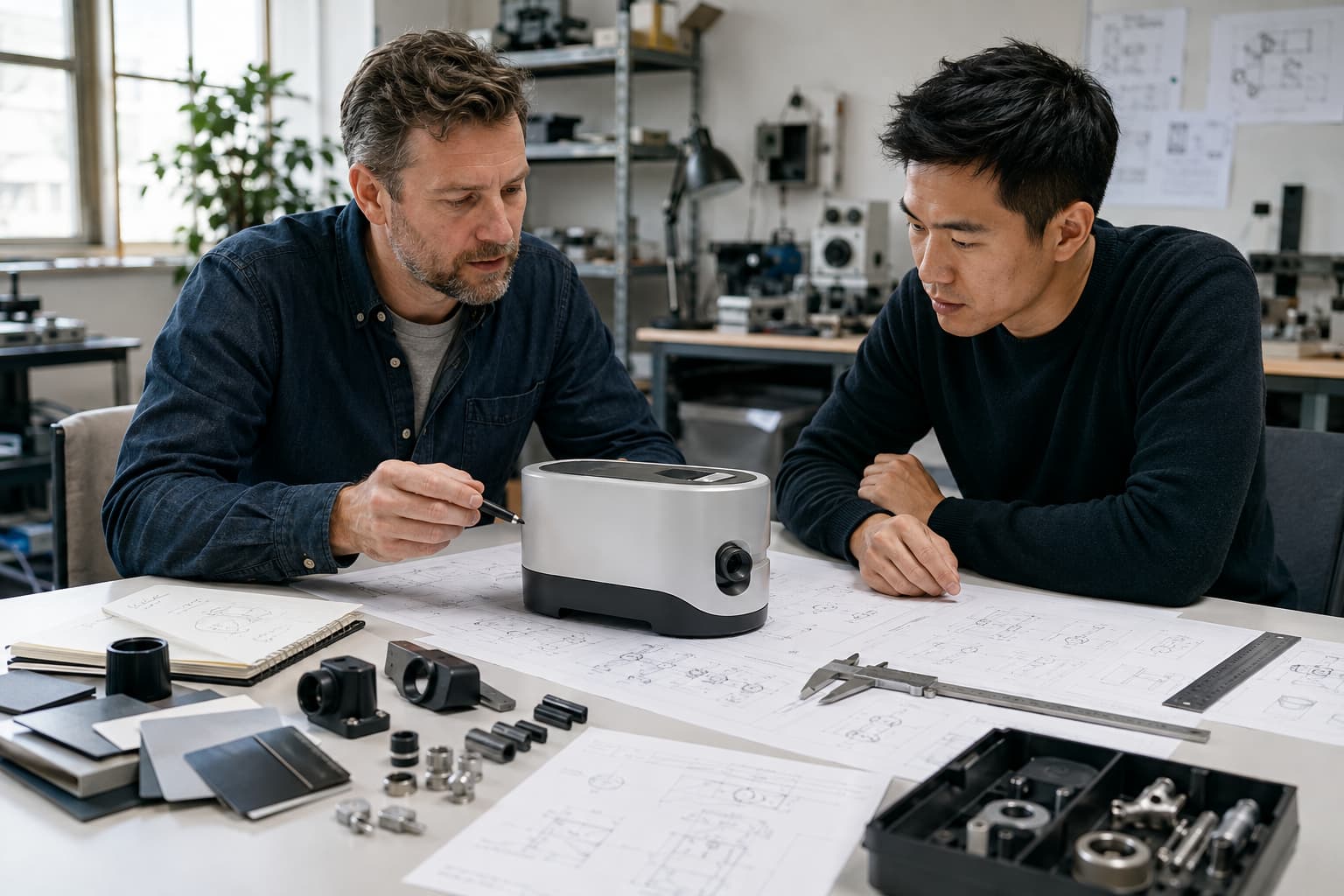 Product development team reviewing manufacturing drawings, prototype parts, and production requirements
