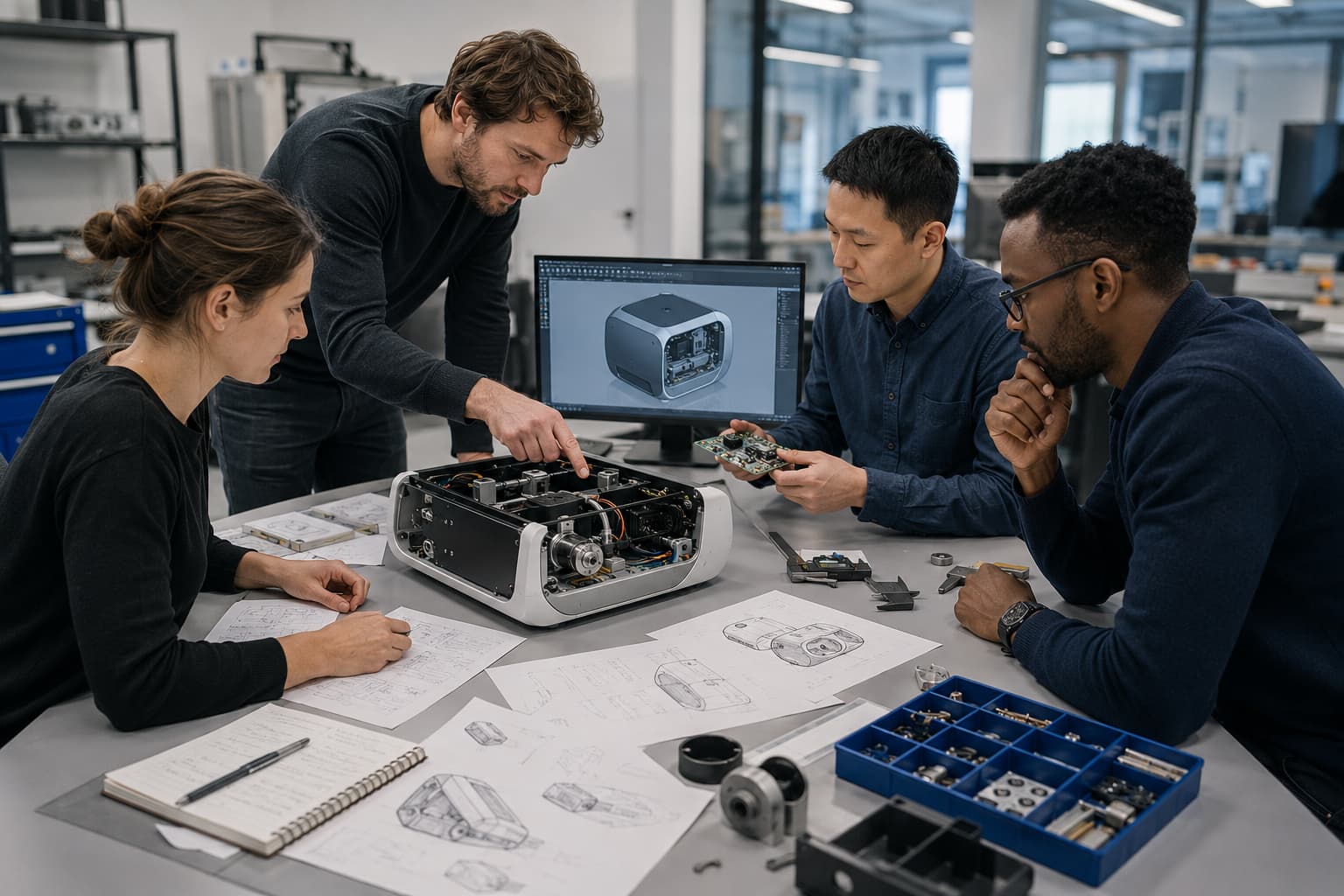 Multidisciplinary team coordinating the development of a new physical product