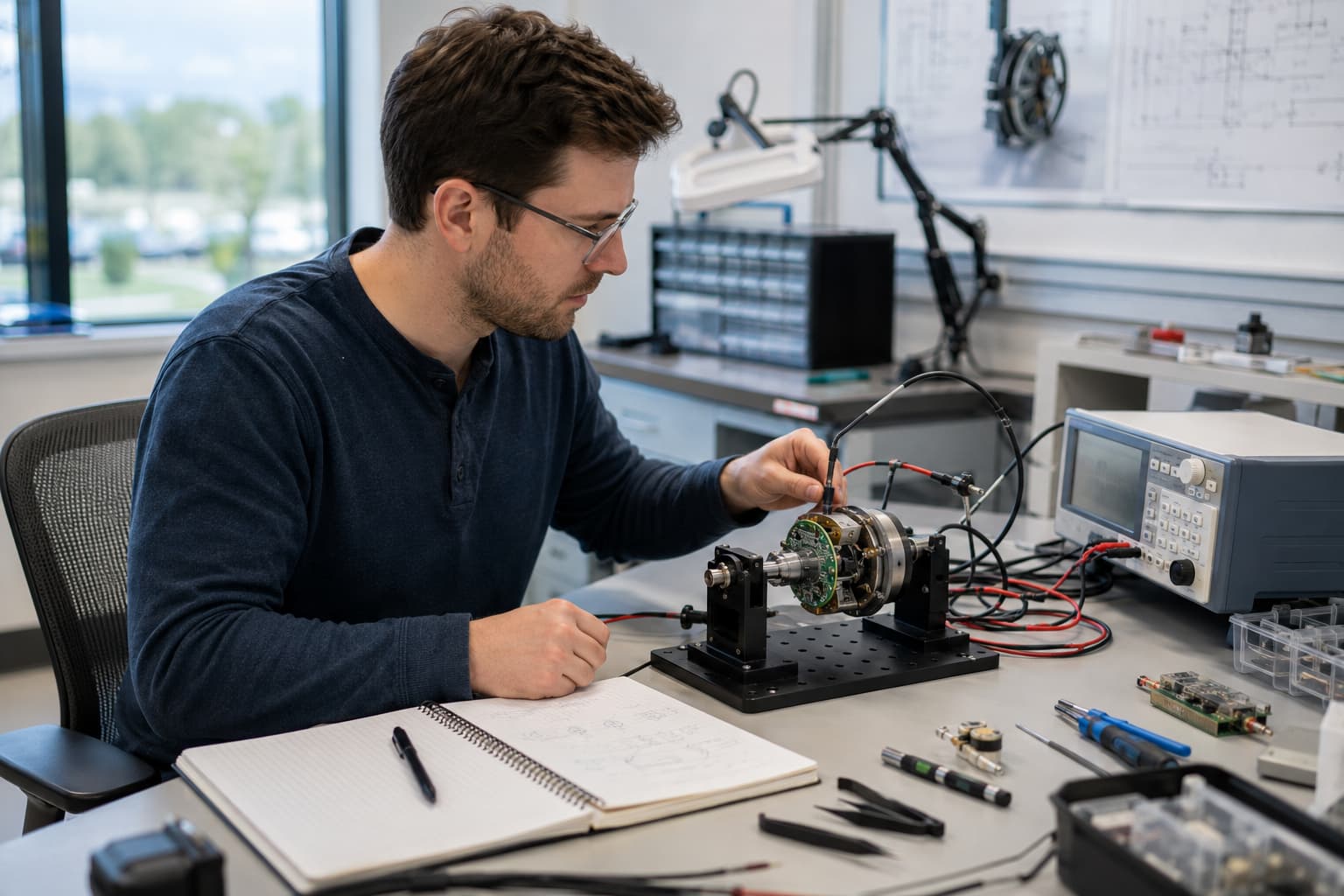 Engineer conducting functional bench testing on an early hardware prototype with measurement equipment