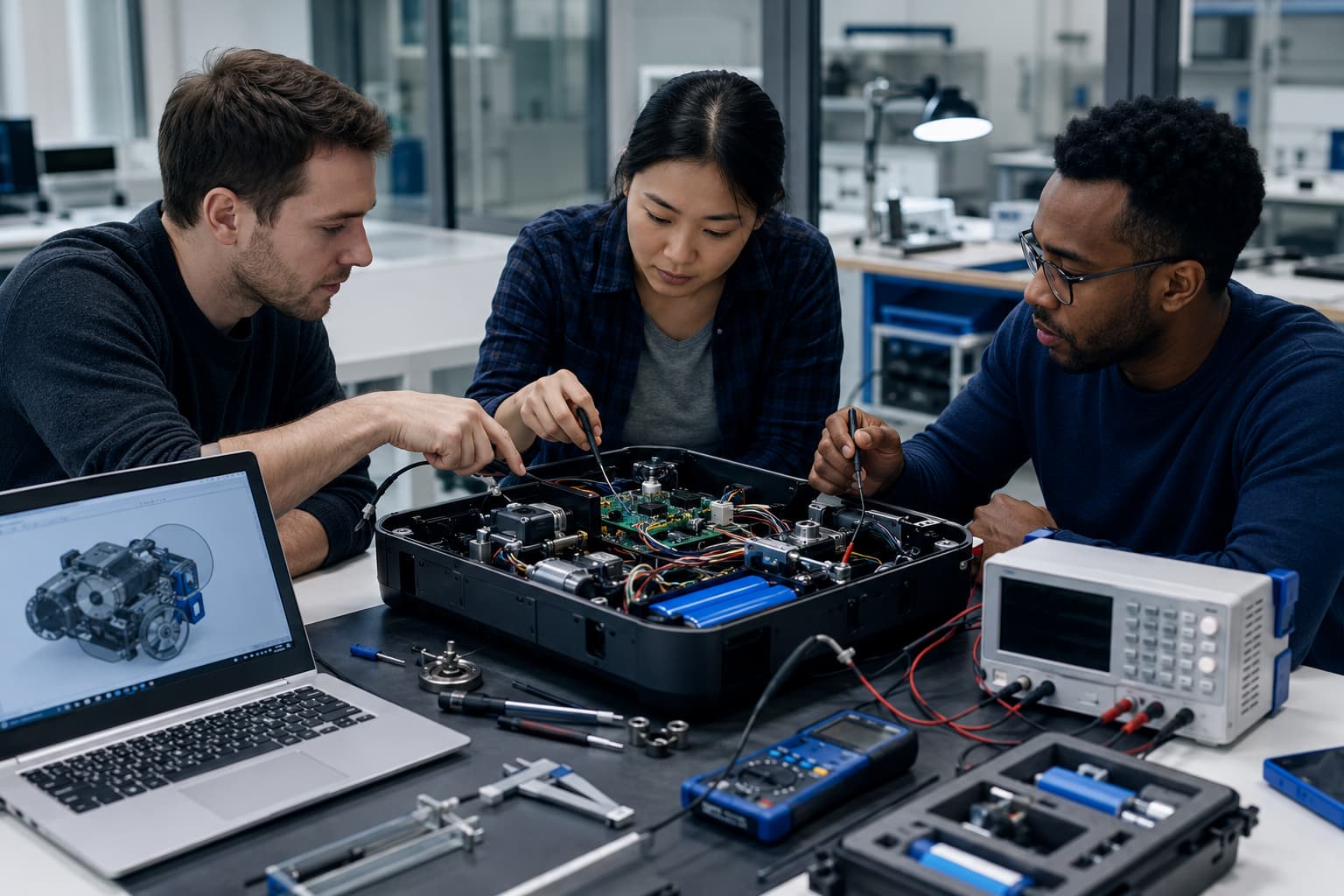 Engineers integrating mechanical components, electronics, and firmware in a hardware prototype