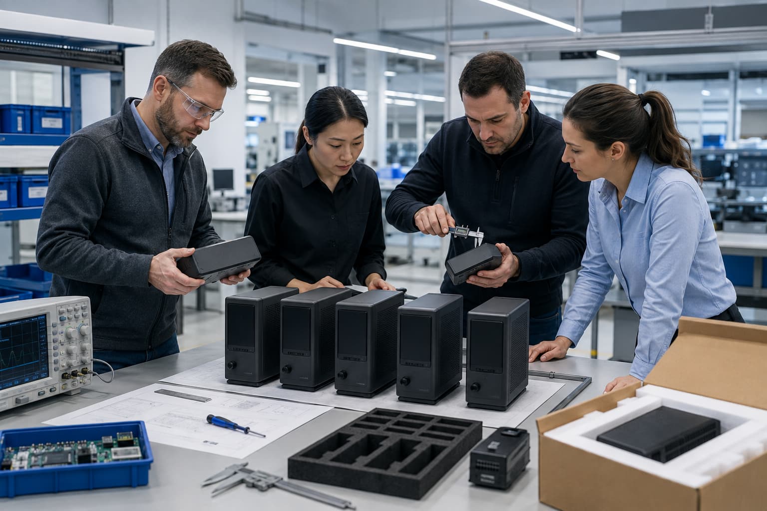 Hardware team inspecting pilot production units and validating the manufacturing process
