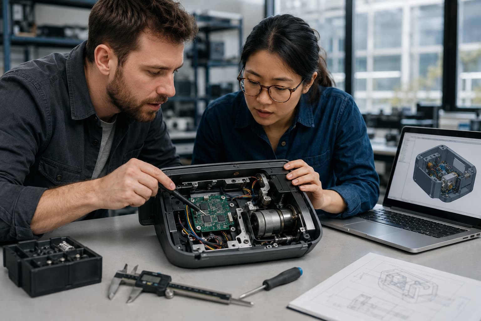 Mechanical and Electrical Product Engineering Mechanical and electrical engineers reviewing an integrated physical product assembly