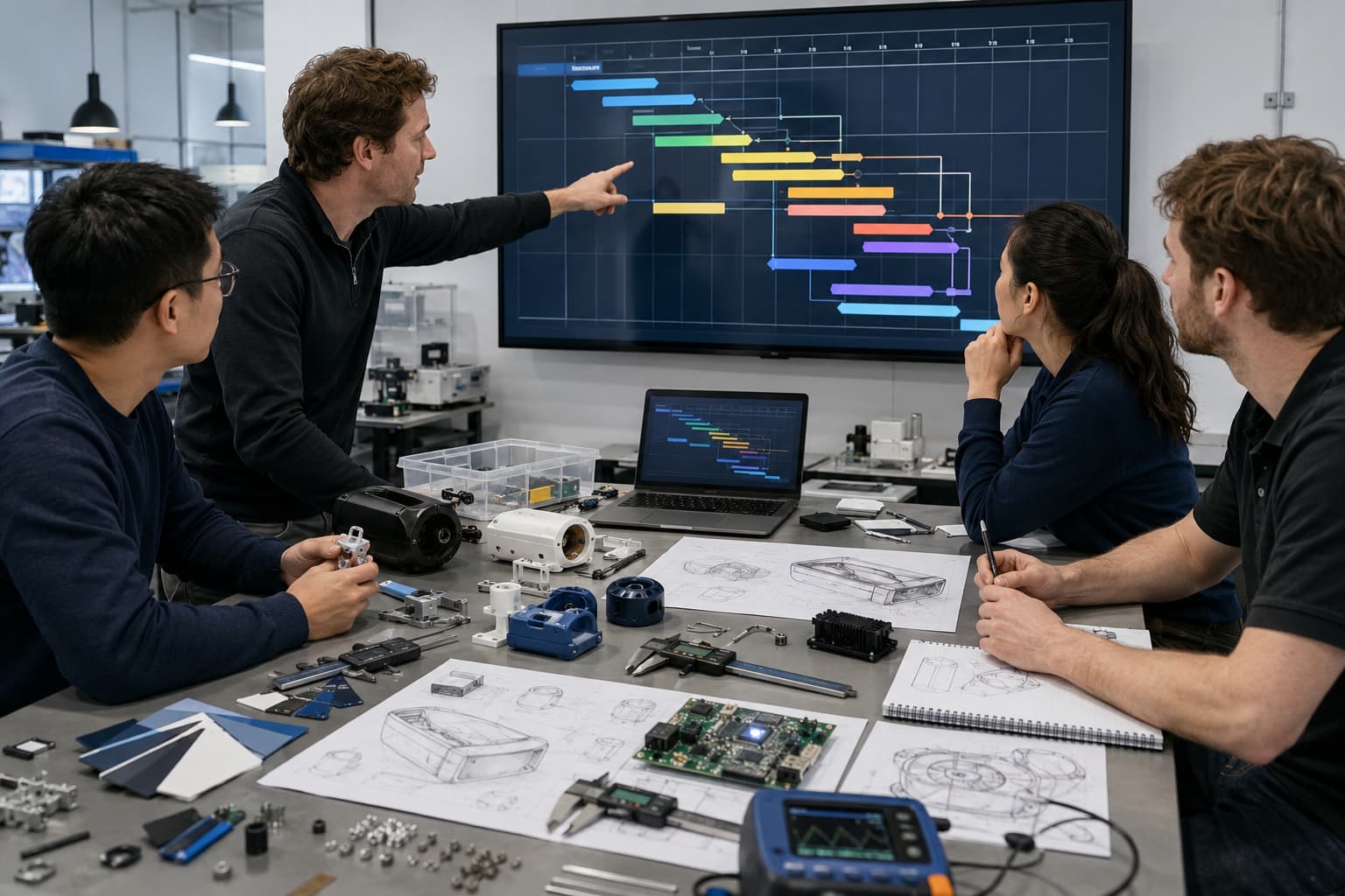 Founder and engineering team planning a realistic physical product development timeline