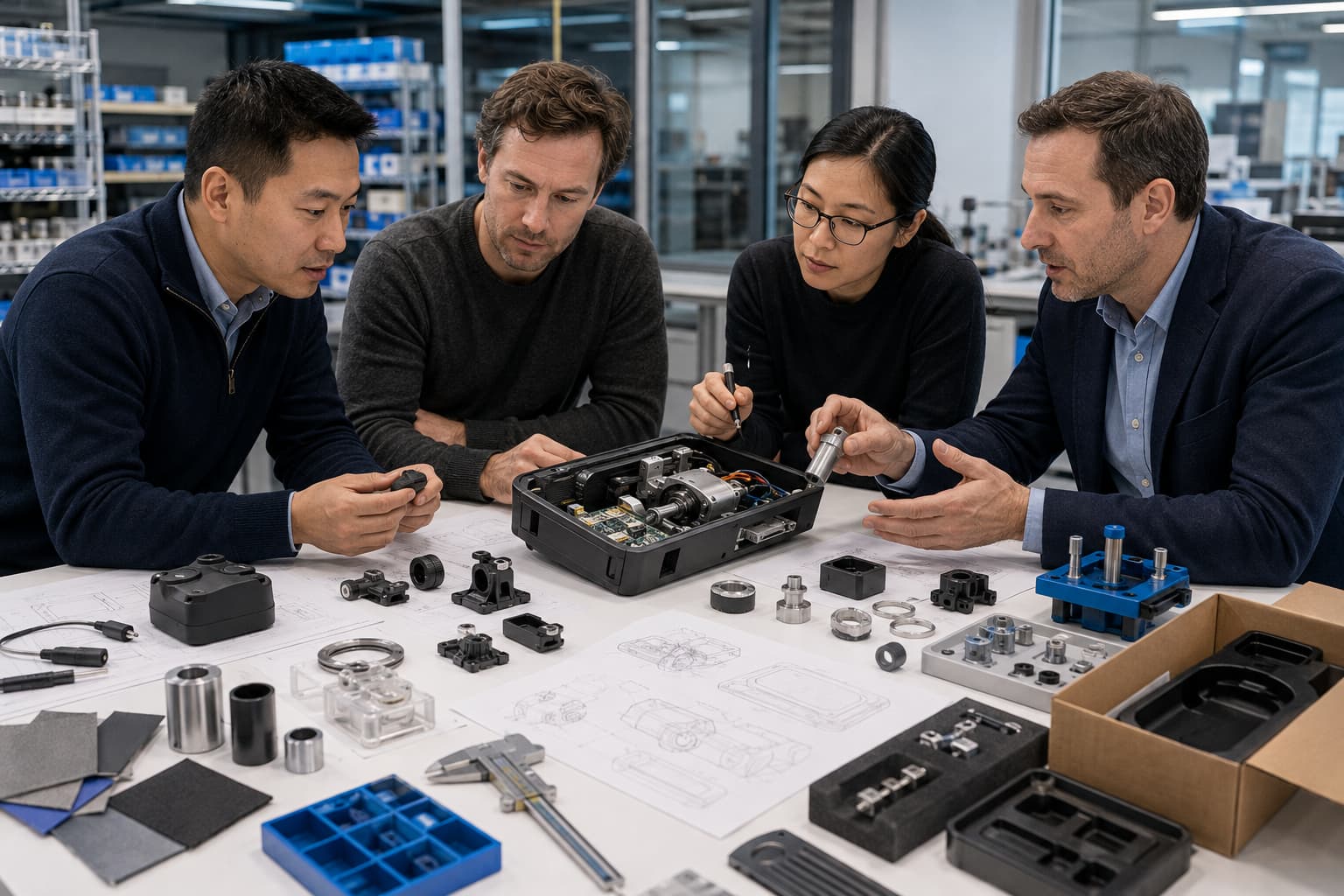 Founder and product team reviewing supplier samples and product manufacturability