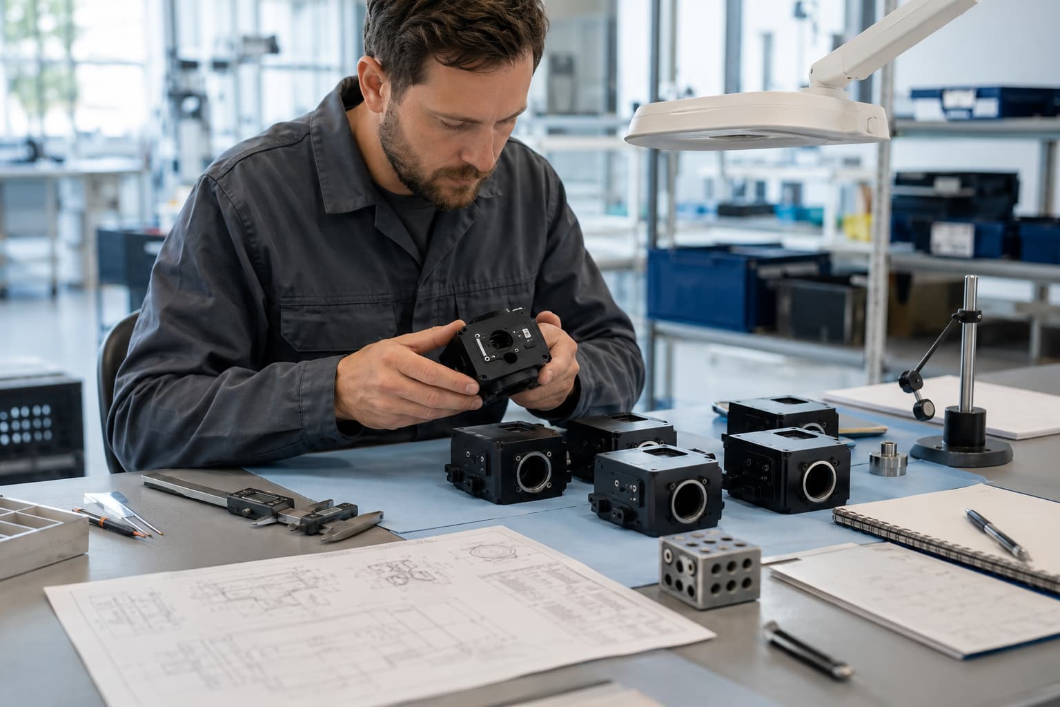 Engineer inspecting pilot production units with measurement tools and quality documentation