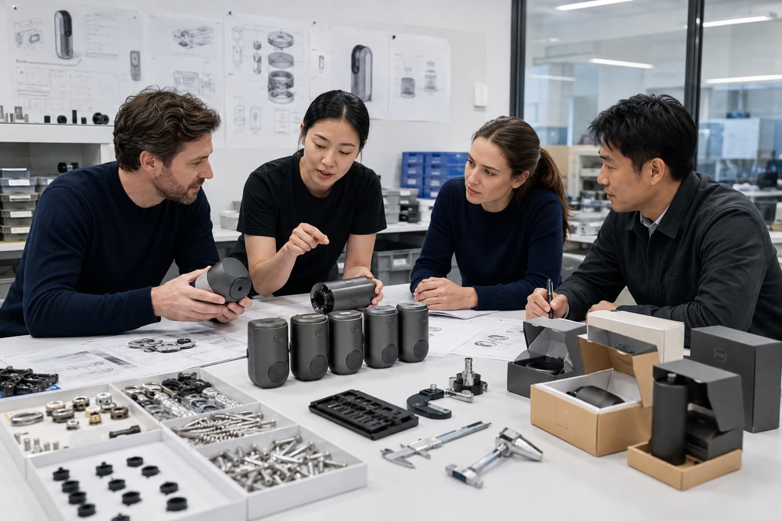 Product development team reviewing pilot units and manufacturing launch documentation