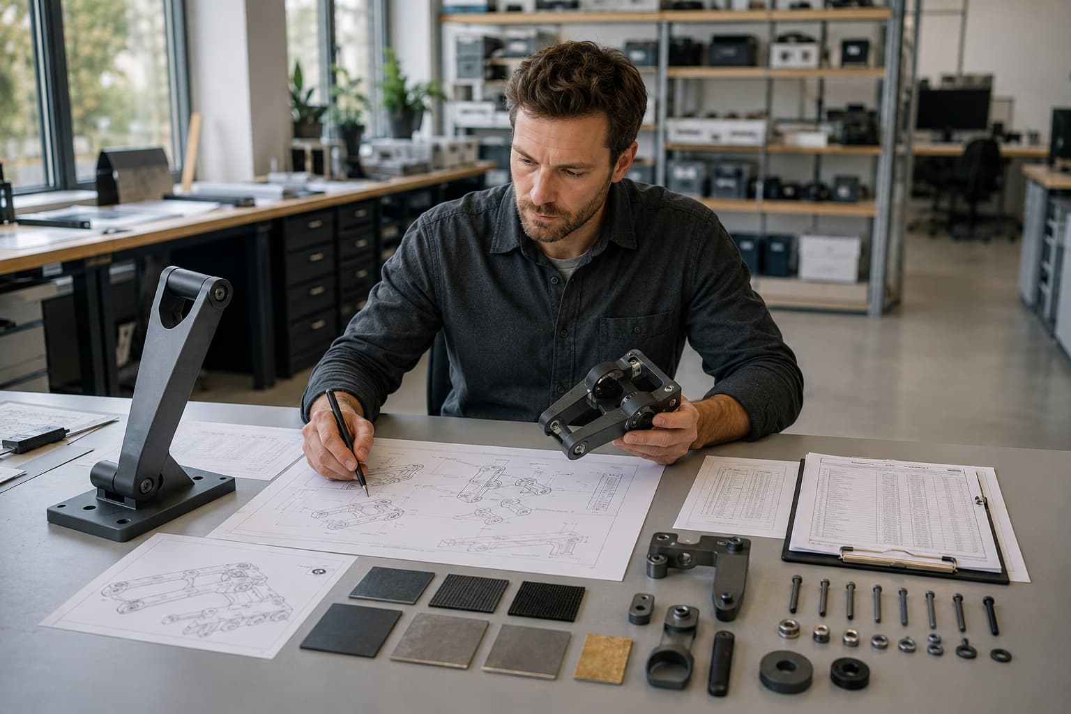 Product Engineering and Manufacturing Documentation Engineer reviewing production drawings, prototype components, and manufacturing documentation