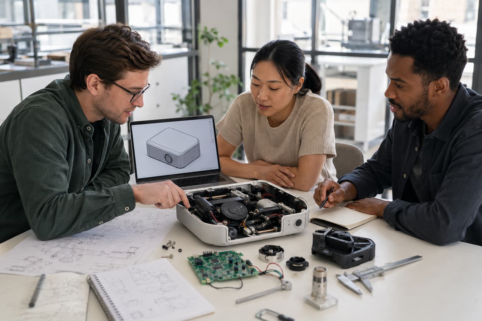 Product team integrating prototype components, engineering documentation, and manufacturing requirements