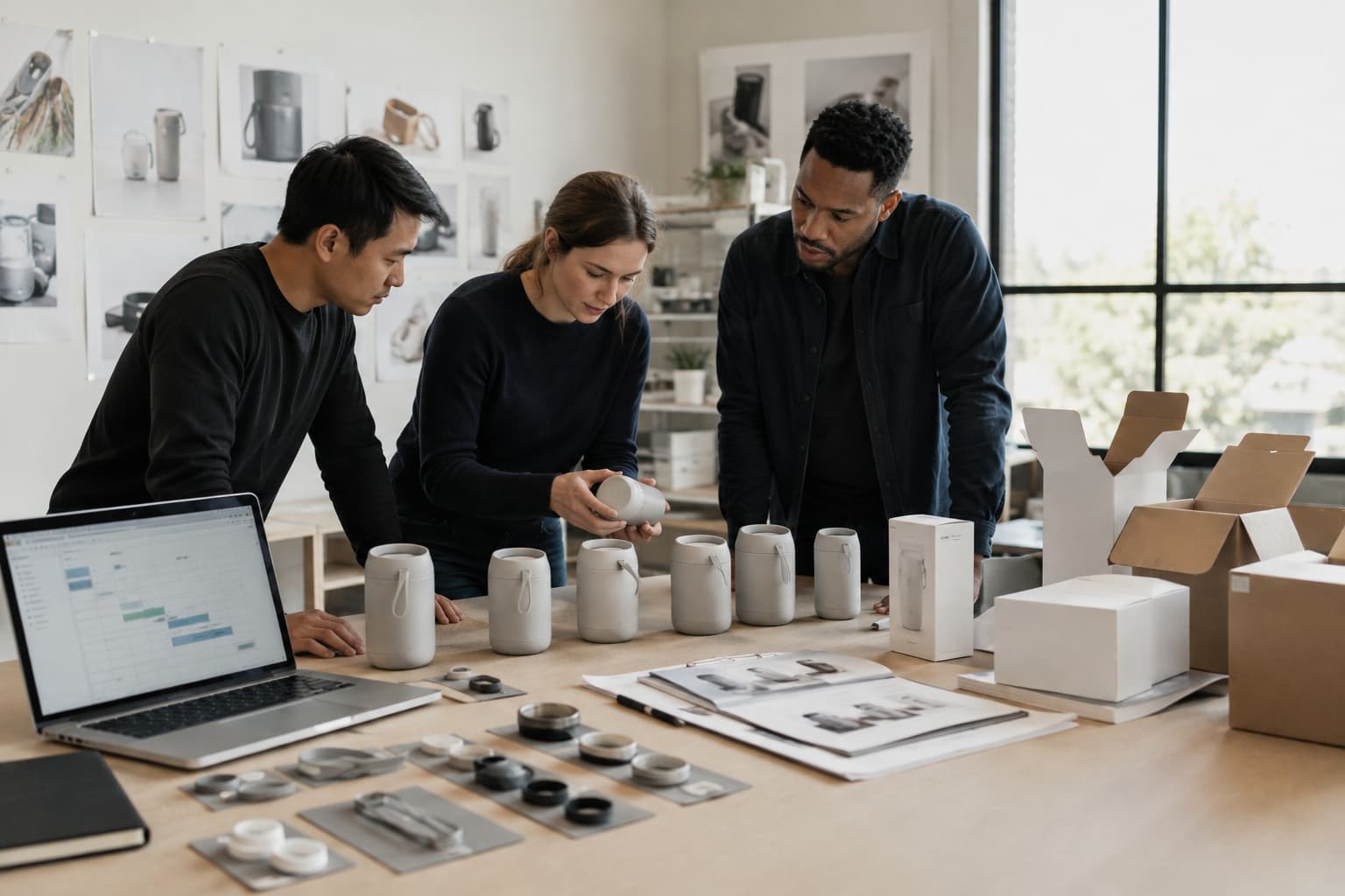 Product team reviewing pilot production units, packaging, quality records, and launch preparation