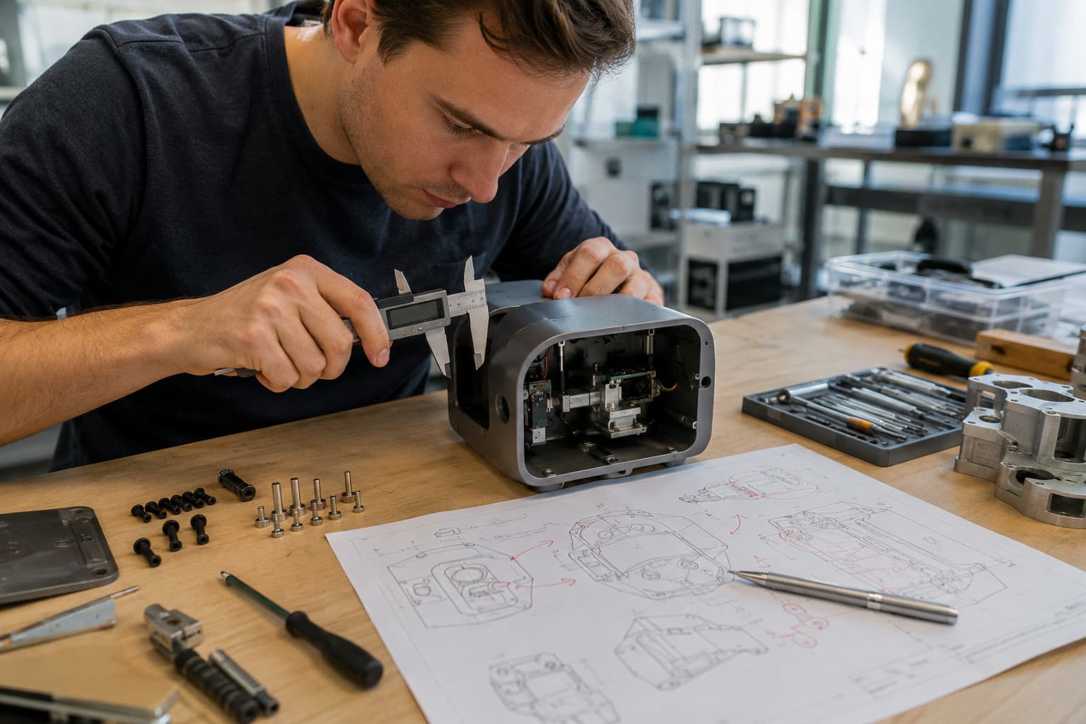 Engineer checking prototype fit and assembly clearances with calipers and test components