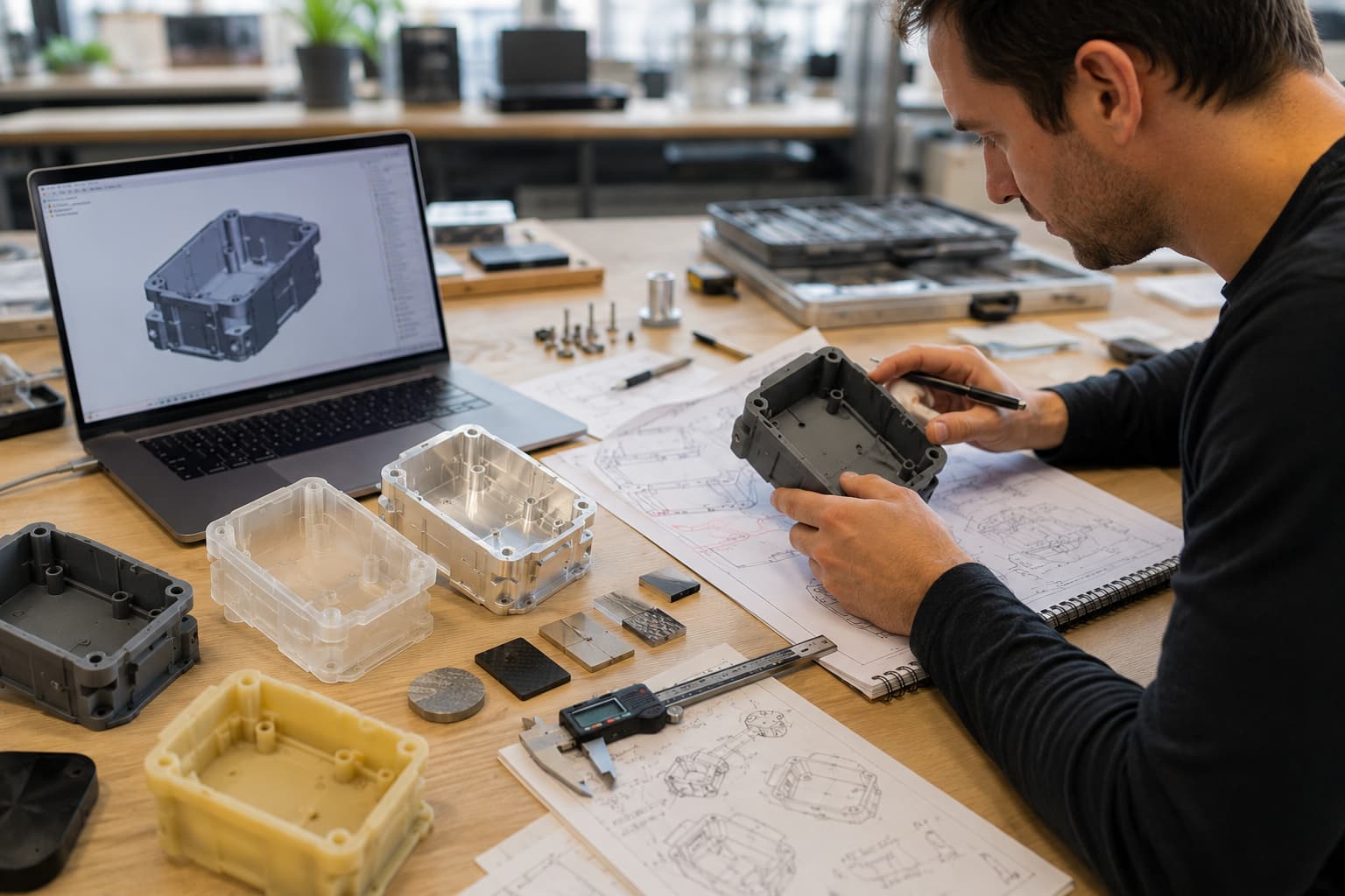 Engineer reviewing CAD, prototype measurements, and design revisions during a rapid prototyping project