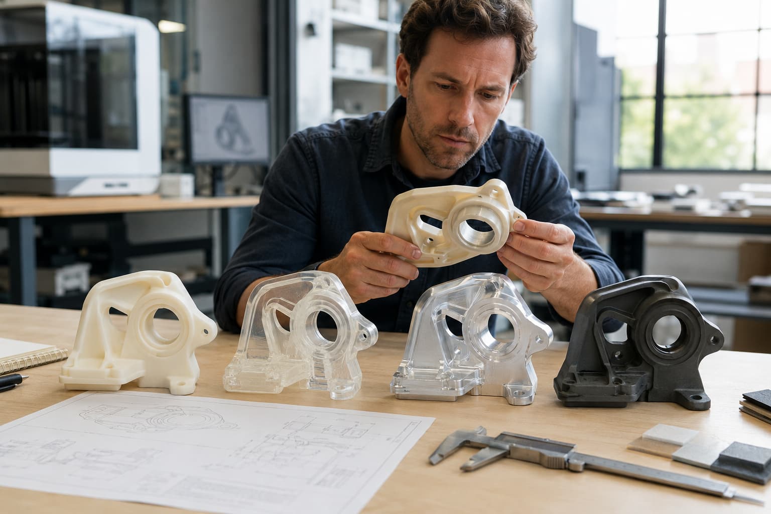 Prototype parts produced with different rapid prototyping materials and manufacturing methods