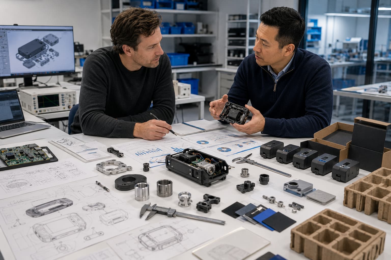 Founder and product development partner reviewing a major engineering and manufacturing decision
